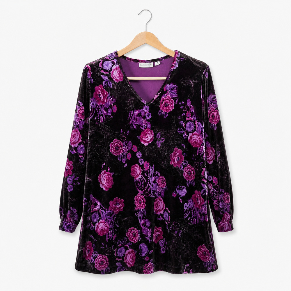 Susan Graver Top Womens Medium Purple Velvet Midnight Floral Print Whimsigoth